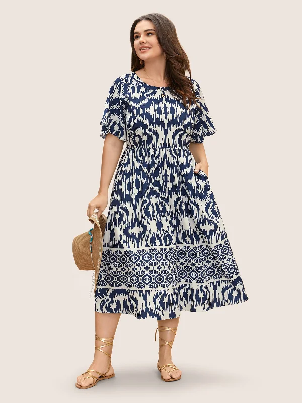 Boho Print Ruffle Sleeve Midi Dress