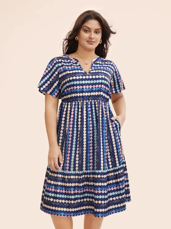 Dot Print Elastic Waist Split Neck Midi Dress